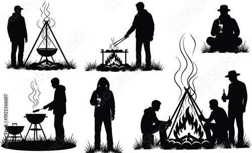 Outdoor camping campfire and barbecue silhouette set, people cooking over bonfire, grilling food, relaxing by fire, wilderness adventure vector icons.