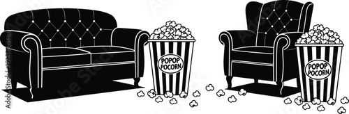 Black and white vector illustration of a comfortable tufted sofa, armchair, and large popcorn buckets for a home cinema night.
