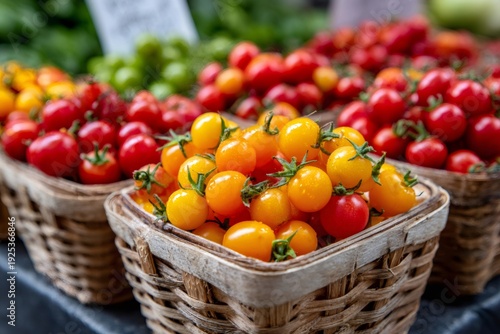 Fresh colorful cherry tomatoes in woven baskets at market