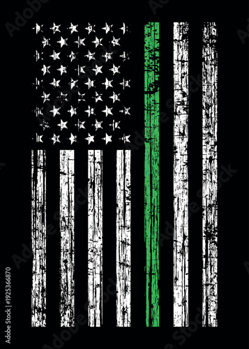 American Distressed Flag With Thin Green Line. It is a symbol of supporting for federal law enforcement agents.	