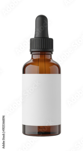Amber glass dropper bottle white label isolated on a transparent background