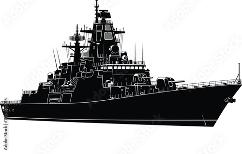 Military warship silhouette vector icon, naval destroyer ship graphic, battleship illustration, maritime defense vessel, navy cruiser silhouette on white background.