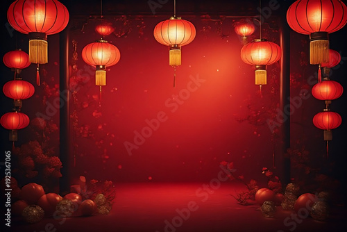 Vibrant red background with decorative lanterns for Chinese New Year celebration. Colorful red background features a beautifully and glowing lanterns, creating a festive atmosphere for Chinese New Yea