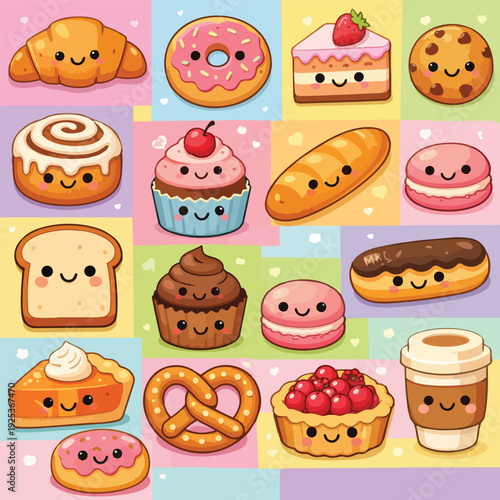 A delightful and colorful collage of kawaii-style baked goods and pastries, each with a cute smiling face, arranged in a grid pattern on a pastel background.