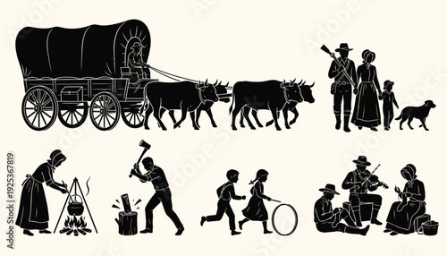 Pioneer Life Silhouettes Westward Journey and Daily Activities