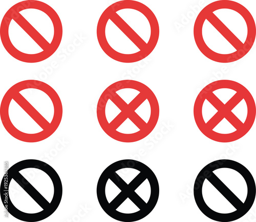 Free Download Set of nine icons showing different styles of prohibition signs with red and black colors - GFXLoad