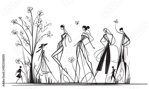 primitive black cartoon abstract primitive flat doodles sketch spring fashion model landscape