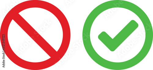Red prohibition sign with a line through a circle and a green checkmark
