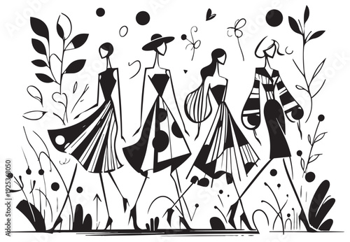 cartoon abstract primitive flat doodles sketch spring fashion model landscape