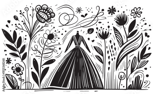 black cartoon abstract primitive flat doodles sketch spring fashion landscape