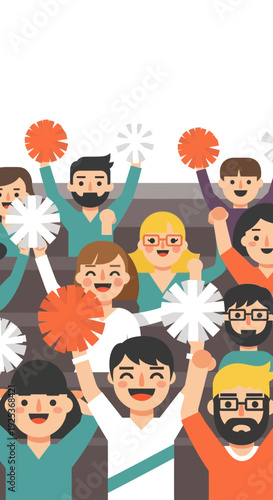 Diverse Group of People Cheering with Pom Poms.