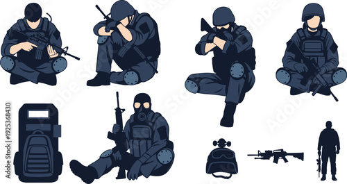 Special Forces Soldier Vector Collection Tactical Military Characters in Combat Gear with Weapons Backpack and Sitting Poses for Defense Design.