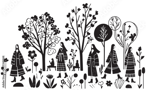 black fashion spring landscape cartoon abstract primitive flat doodles sketch