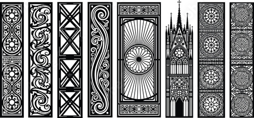 Gothic architectural borders and ornamental bookmarks collection with cathedral spires intricate floral patterns and geometric designs isolated on white background