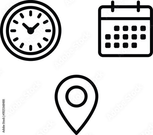 Icons representing time, date, and location for scheduling and planning purposes