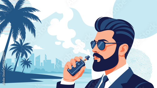 Stylish man with beard and sunglasses exhaling vapor from electronic cigarette against tropical beach and city skyline.