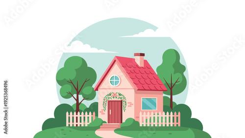 Adorable small pink cottage with a red roof, a white picket fence, and flowers over the door set in a lush green garden landscape.