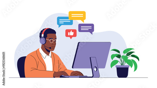 Professional customer support agent wearing headset working at computer with social media icons and likes notification bubbles.