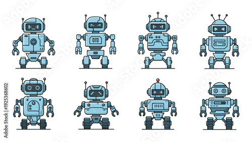 Collection of eight unique blue robot characters in various designs and poses for technology and artificial intelligence.