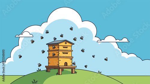 Wooden beehive on green hill with swarm of honey bees flying around under cloudy blue sky for apiculture and economy.