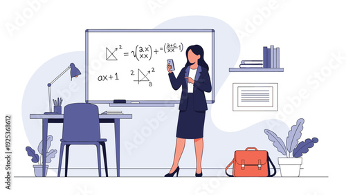 Female teacher holding smartphone while standing in front of whiteboard with mathematical formulas in modern classroom.