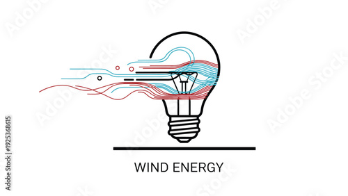 Creative wind energy concept showing light bulb with stylized air currents and colorful lines representing renewable power.