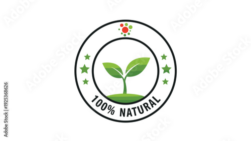 Circular green label for hundred percent natural products featuring green sprout leaves and stars for organic brand identity.