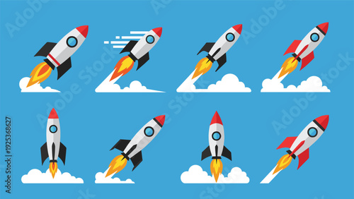 Large collection of diverse flat style rocket ship icons launching into space with fire and clouds on blue background.