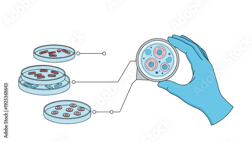 Scientific hand in blue glove holding petri dish with bacteria cultures next to multiple lab samples for medical research.