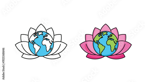 Two variations of lotus flower design with planet earth globe in center representing environmental protection and peace.