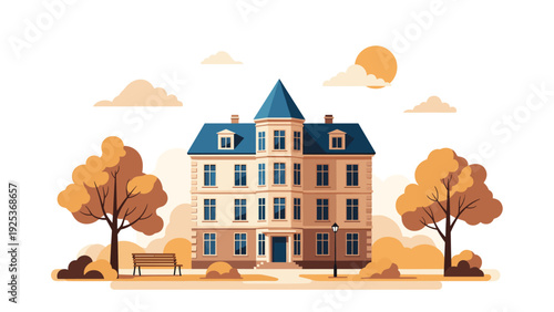 Traditional multi-story residential building stands surrounded by autumn trees and a park bench under a bright afternoon sun.