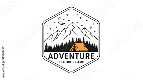 Retro adventure outdoor camp badge design featuring mountain range tent pine forest and starry night sky in hexagon frame.