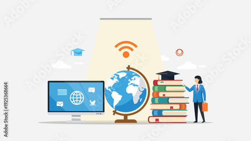Online education concept features a woman standing by a stack of books with a computer, globe, and wireless signal icon.