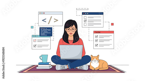 Young female developer works on her laptop from a purple rug at home accompanied by her cat and floating software windows.