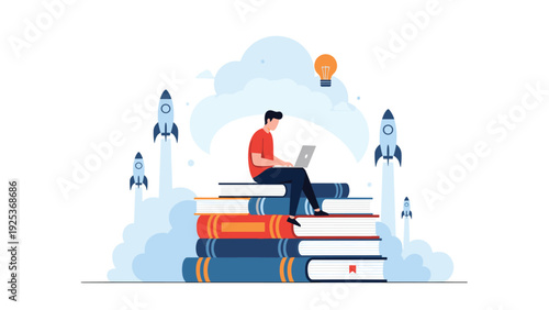 Creative learning illustration depicts a student sitting on a stack of books with a laptop while rockets launch into the sky.
