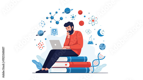 Educational concept shows a man sitting on large books while using his laptop with various science and space icons around him.