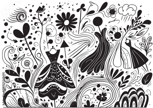 black cartoon abstract primitive flat doodles sketch spring fashion landscape