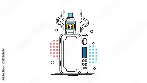Modern electronic cigarette or vape device is showcased in a clean line art style with stylized vapor clouds and dots around it.
