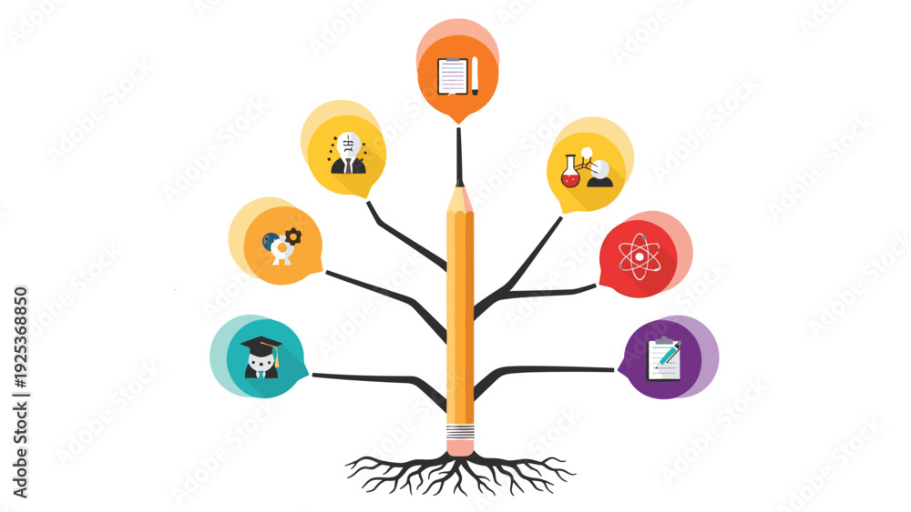 Fototapeta premium Creative education infographic tree grows from a pencil trunk with branches leading to various icons for science, arts, and graduation.