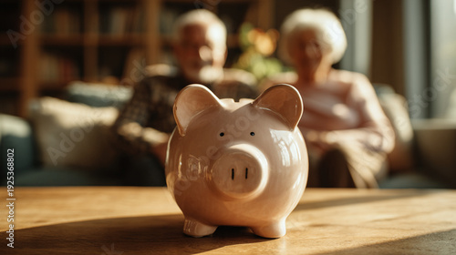 A picture of a piggy bank on a table, retirement planning.A blurry image of an elderly person sitting on a sofa.