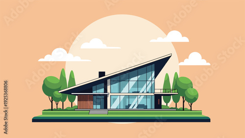 Modern minimalist villa with expansive glass windows and a slanted roof sits elegantly in a lush green landscape under a setting sun.