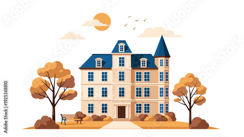 Large classic three-story mansion with a blue gabled roof and stone facade is framed by vibrant autumn trees and a neat walking path.