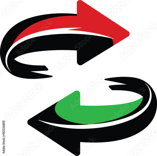 Two curved arrows with red and green tips pointing in opposite directions