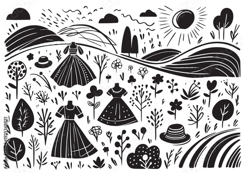 black cartoon abstract primitive flat doodles sketch spring fashion landscape