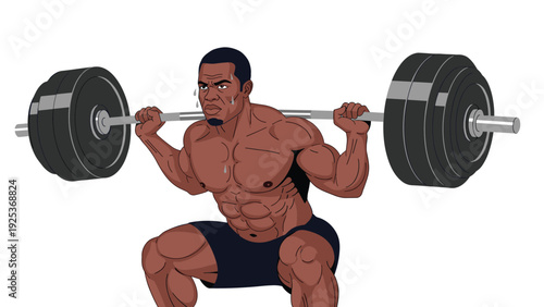 Muscular athlete performs heavy squats with a weighted barbell as sweat glimmers on his skin during an intense strength training session.