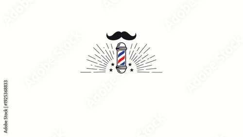 Traditional barber shop logo featuring a striped pole, a classic mustache, and decorative stars is set against a clean white background.