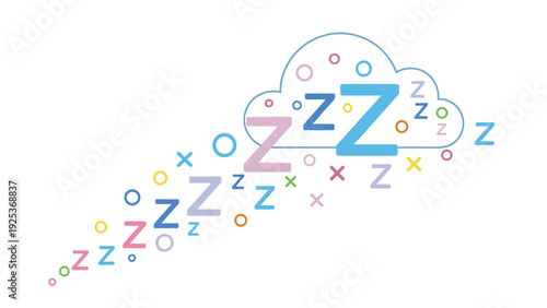 Playful illustration features colorful Z letters and geometric shapes floating out of a soft white cloud as a metaphor for deep sleep.