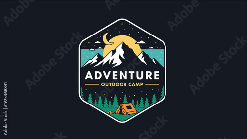 Adventure outdoor camp badge features a snow-capped mountain range, a tent, and a crescent moon in a starry night sky above a pine forest.
