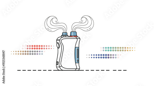 Modern electronic cigarette vape mod device releases two plumes of vapor against a minimalist white background with decorative dots.
