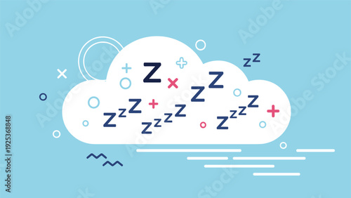 Whimsical white cloud filled with blue and pink Z symbols represents the concept of sleep, dreaming, and peaceful nighttime rest.